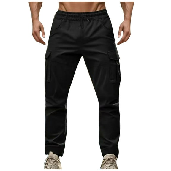 Iugvhana Cargo Pants for Men Elastic Waist Drawstring Multi Pockets Work Pants Casual Comfortable Vintage Relaxed Fit Workwear Trousers Black S