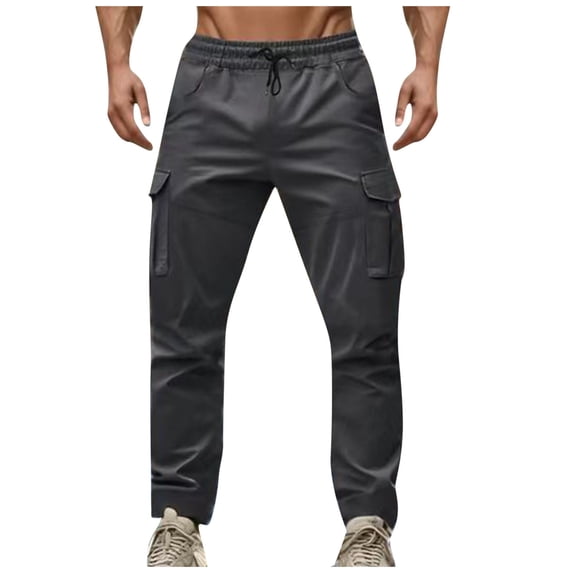 Iugvhana Cargo Pants for Men Elastic Waist Drawstring Multi Pockets Work Pants Casual Comfortable Vintage Relaxed Fit Workwear Trousers Dark Gray M