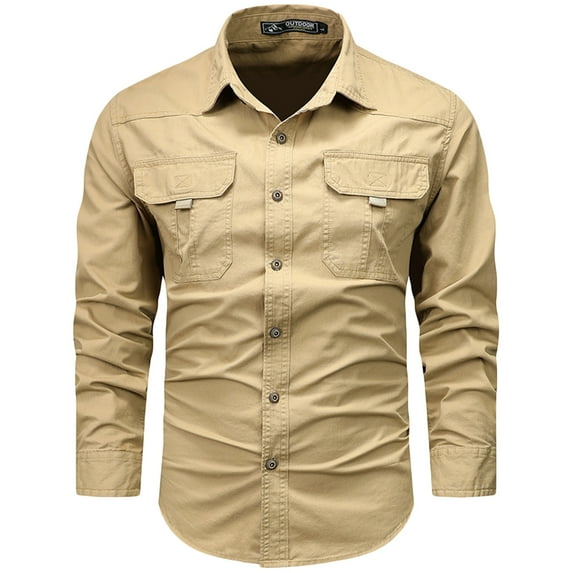 Iugvhana Cargo Shirts for Men Casual Solid Cotton Blouse Tops Turndown Collar Multiple Pockets Buttons Long Sleeve Work Shirt Khaki#1 XXXXXL