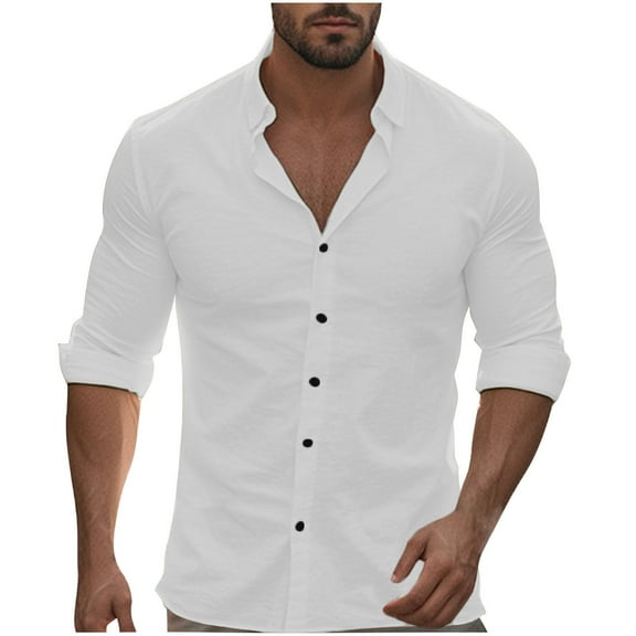 Iugvhana Casual Cotton Shirts for Men Button Up Fashion Solid Tops Blouse Regular Fit Turndown Collar Long Sleeve Shirts White XL