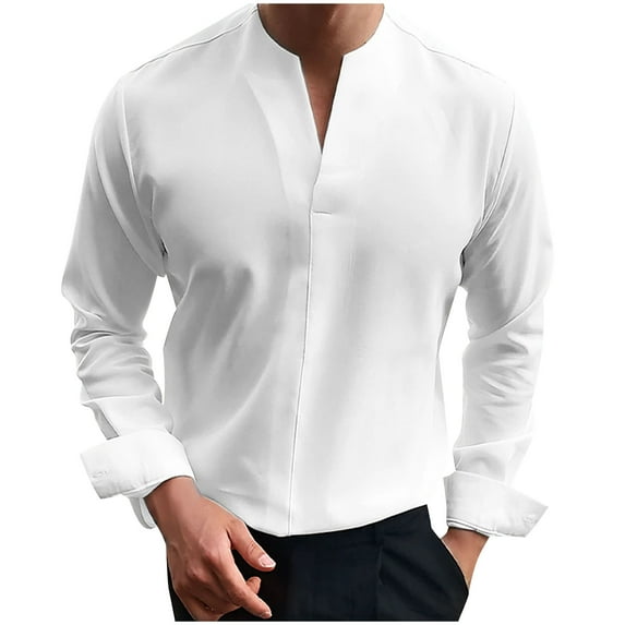 Iugvhana Casual Shirt for Men Solid Color Long Sleeve V-Neck T-Shirts Slim Fit Lightweight Breathable Shirts White XXXL