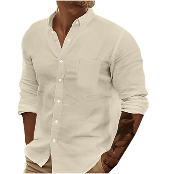 Iugvhana Casual Shirts for Men Solid Color Turn-down Collar Button Long Sleeve Business Shirt Blouse with Pocket Khaki XL