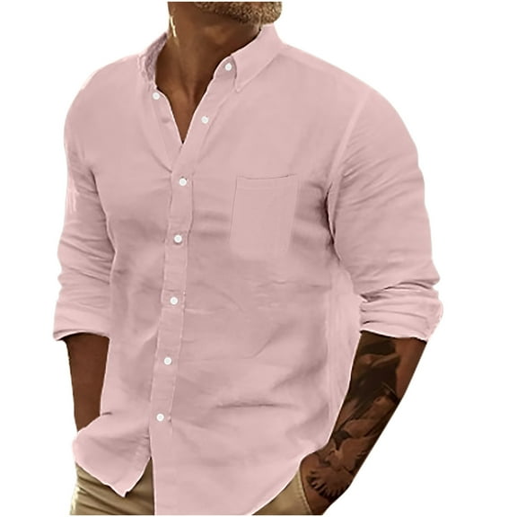 Iugvhana Casual Shirts for Men Solid Color Turn-down Collar Button Long Sleeve Business Shirt Blouse with Pocket Pink S