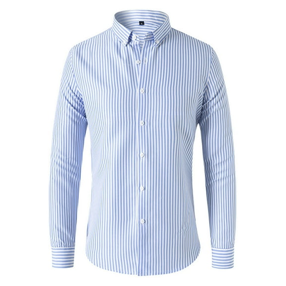 Iugvhana Casual Stripe Dress Shirts for Men Button Down Tops Long Sleeve Turndown Collar Business Shirt Blouse Slim Fit Shirts Light Blue L