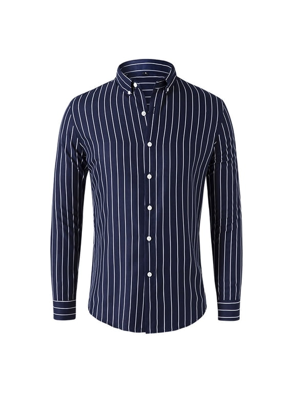 Casual Stripe Dress Shirts for Men Button Down Tops Long Sleeve Turndown Collar Business Shirt Blouse Slim Fit Shirts Navy XXL