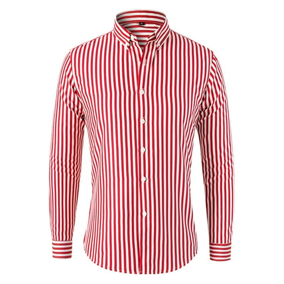 Iugvhana Casual Stripe Dress Shirts for Men Button Down Tops Long Sleeve Turndown Collar Business Shirt Blouse Slim Fit Shirts Red L