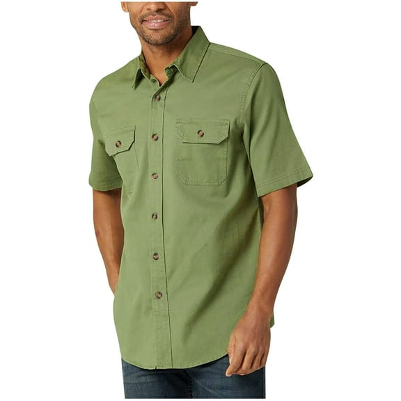 Iugvhana Classic Shirts for Men Short Sleeve Button Down Shirt with Double Pocket Regular-Fit Solid Color Lapel Tops Shirt Army Green M