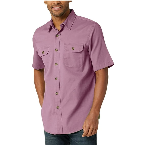 Iugvhana Classic Shirts for Men Short Sleeve Button Down Shirt with Double Pocket Regular-Fit Solid Color Lapel Tops Shirt Pink M