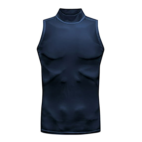 Iugvhana Compression Shirts and Tank Tops Men Mock Neck Sleeveless Athletic Gym Undershirt for Sports Fitness Navy L