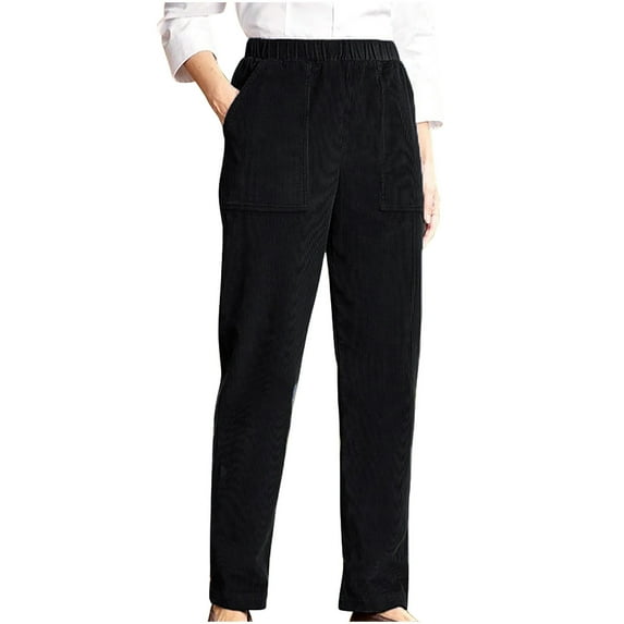 Iugvhana Corduroy Pants for Women Casual Fall Winter Solid Color Elastic High Waist Straight Leg Pants Loose Comfy Trousers with Pockets Black S