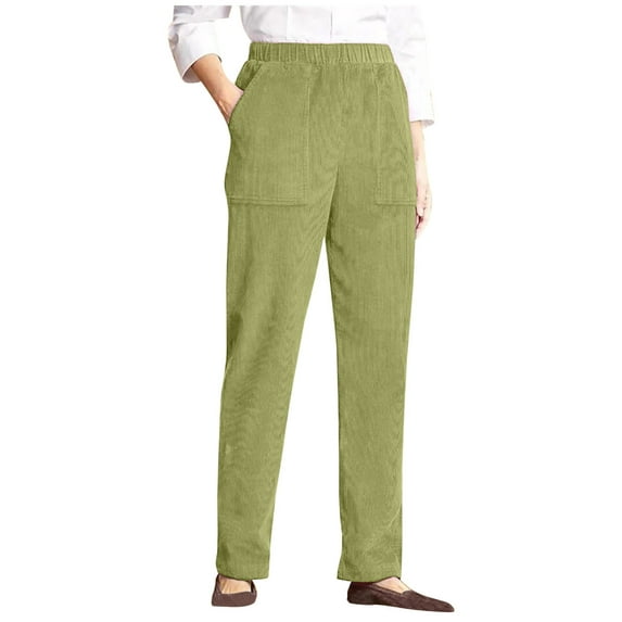 Iugvhana Corduroy Pants for Women Casual Fall Winter Solid Color Elastic High Waist Straight Leg Pants Loose Comfy Trousers with Pockets Green L