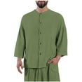 thumbnail image 1 of Iugvhana Cotton Linen Shirts for Men Regular Fit Casual Solid Long Sleeve Button Down Crew Neck Shirt Top with Pocket Army Green XXL, 1 of 6