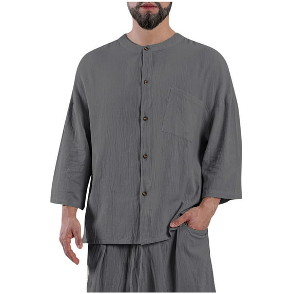 Iugvhana Cotton Linen Shirts for Men Regular Fit Casual Solid Long Sleeve Button Down Crew Neck Shirt Top with Pocket Dark Gray L