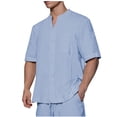 thumbnail image 1 of Iugvhana Cotton Linen Shirts for Men Short Sleeve Round Neck Pocket Shirt Button Down Shirts Summer Beach Tee Shirt Top Sky Blue L, 1 of 8