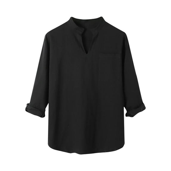 Iugvhana Cotton Shirts for Men Casual Solid Color Long Sleeve T-Shirt Relaxed Fit V Neck Pullover Tees Tops with Pocket Black M