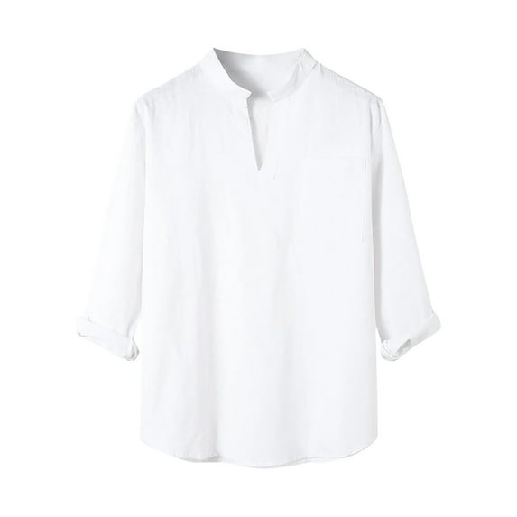 Iugvhana Cotton Shirts for Men Casual Solid Color Long Sleeve T-Shirt Relaxed Fit V Neck Pullover Tees Tops with Pocket White M