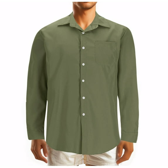 Iugvhana Cotton Shirts for Men Casual Solid Regular-Fit Long Sleeve Button Down Shirt Big and Tall Loose Leisure Blouse Army Green L