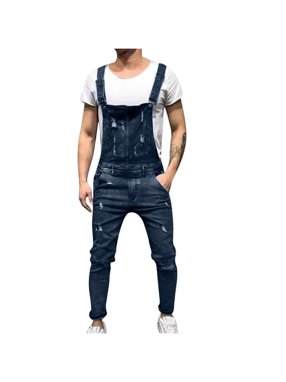 Denim Bib Overalls Jeans for Men Fashion Boot Cut Trousers Casual Slim Fit Adjustable Straps Jumpsuit Shoulder Strap Denim Pants Dark Blue S