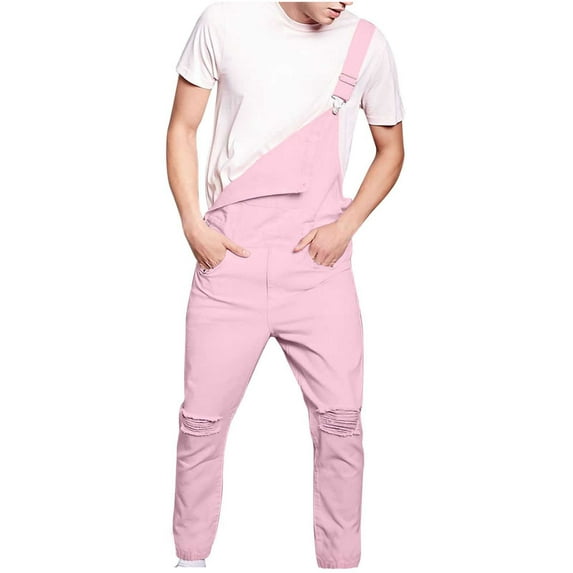 Iugvhana Denim Bib Overalls Jeans for Men Fashion Boot Cut Trousers Casual Slim Fit Adjustable Straps Jumpsuit Shoulder Strap Denim Pants Pink L