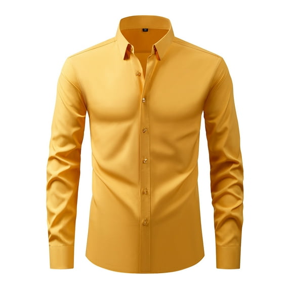 Iugvhana Dress Shirts for Men Casual Business Formal Office Shirt Button Wrinkle-Free Turndown Collar Long Sleeve Shirts Gold M