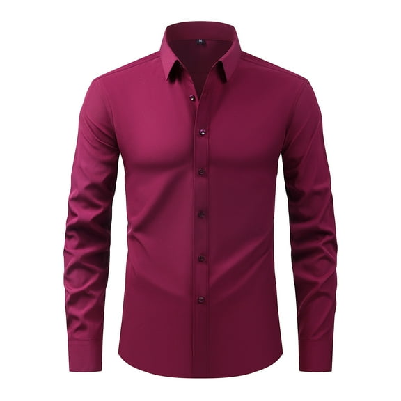 Iugvhana Dress Shirts for Men Casual Business Formal Office Shirt Button Wrinkle-Free Turndown Collar Long Sleeve Shirts Wine S