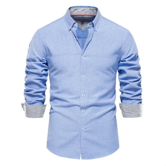 Iugvhana Dress Shirts for Men Casual Cardigan Solid Color Oxford Textile Long Sleeve Shirts Lapel Button Down Business Shirt Blue M