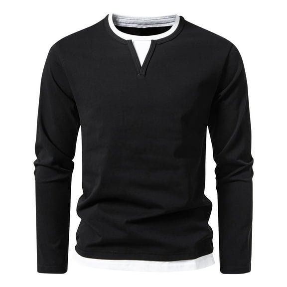 Iugvhana Fake Two Round Neck Shirts for Men Fashion Casual Solid Long Sleeve Lightweight Baselayer Tops Pullover Slim T-Shirt Black S