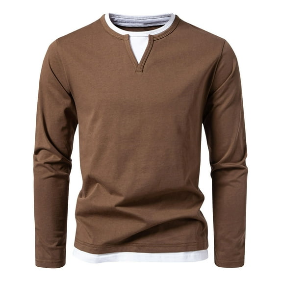 Iugvhana Fake Two Round Neck Shirts for Men Fashion Casual Solid Long Sleeve Lightweight Baselayer Tops Pullover Slim T-Shirt Coffee S