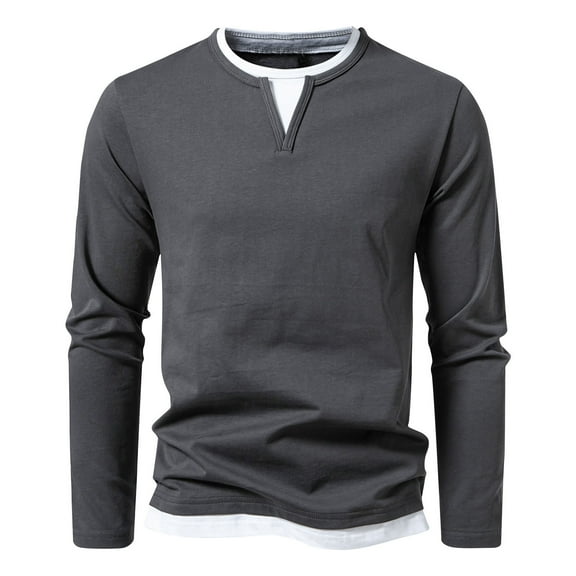 Iugvhana Fake Two Round Neck Shirts for Men Fashion Casual Solid Long Sleeve Lightweight Baselayer Tops Pullover Slim T-Shirt Dark Gray S