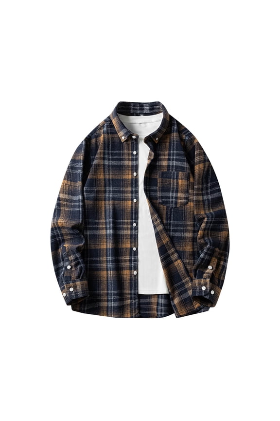 Flannel Plaid Shirts for Men Casual Loose Trundown Collar Tops Cotton Long Sleeve Button Down Cardigan Shirt Navy#1 XXXL
