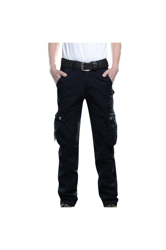 Fleece Lined Cargo Pants for Mens Thermal Winter Outdoors Climbing Fishing Pant Multi-pocket Straight-leg Casual Cotton Trousers Black M