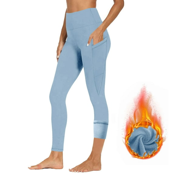 Iugvhana Fleece Lined Leggings for Women Thermal Warm Workout Yoga Pants High Waisted Tummy Control Slim Fit Gym Pants with Pockets Light Blue M