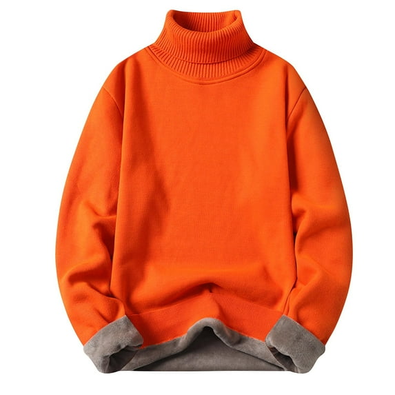 Iugvhana Fleece Lined Turtleneck Sweaters for Men Winter Warm Thick Long Sleeve Knit Sweater Regular-Fit Solid Sweaters Orange M