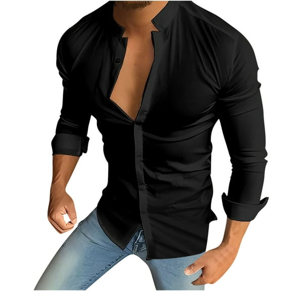 Iugvhana Formal Shirts for Men Long Sleeve Slim Fit Shirt Top Casual Fashion Solid Colour Button Down Shirts Black XXXL