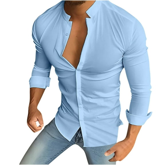 Iugvhana Formal Shirts for Men Long Sleeve Slim Fit Shirt Top Casual Fashion Solid Colour Button Down Shirts Blue M