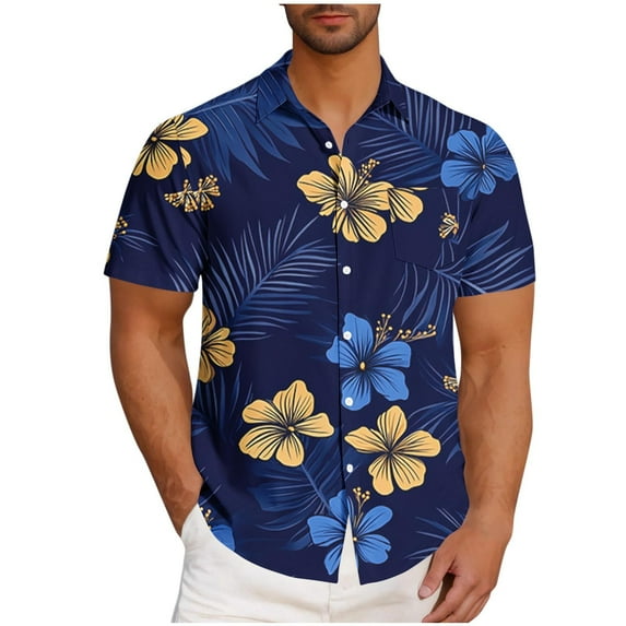 Iugvhana Hawaiian Shirts for Men Short Sleeve Button Down Casual Shirts Summer Floral Printed Tropical Beach Shirts Navy XL