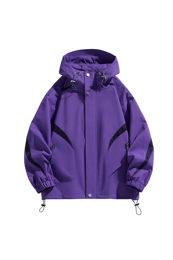 Hooded Jackets for Men Outdoor Windproof Zip Up Jacket Coat Hiking Camping Travel Loose Casual Long Sleeve Outerwear Purple XXXXL