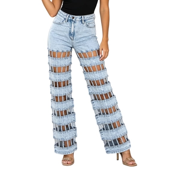 Iugvhana Jeans for Women Hollow Out Straight Leg Jean Pants High Waisted Wide Leg Ripped Trendy Vintage Party Clubwear Denim Pants Light Blue XL