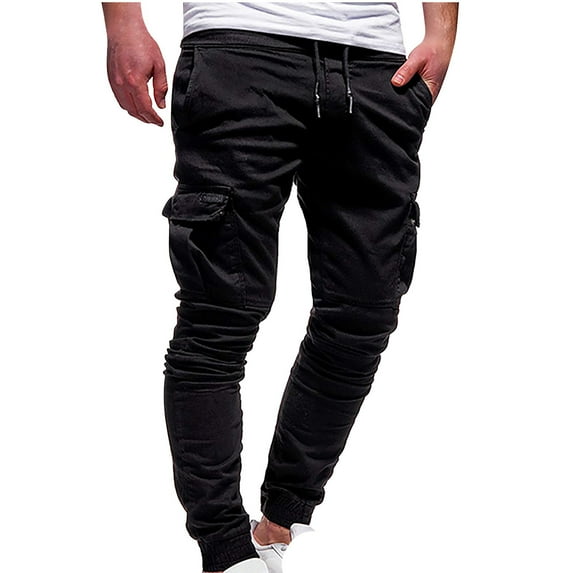 Iugvhana Joggers Cargo Pants for Men Multi Pockets Solid Color Casual Sports Trousers Drawstring Elastic Waist Slim Fit Leggings Pants Black M