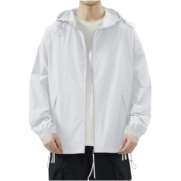 Iugvhana Lightweight Jacket for Men Zipper Hooded Coat Sun Protection Clothing Thin Breathable Casual Sports Jackets White S