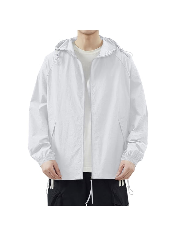 Lightweight Jacket for Men Zipper Hooded Coat Sun Protection Clothing Thin Breathable Casual Sports Jackets White XL