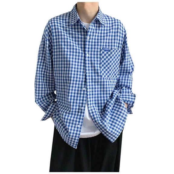 Iugvhana Linen Plaid Shirts for Men Casual Loose-Fit Lightweight Lapel Long Sleeve Button Down Shirt Top with Pocket Blue XL