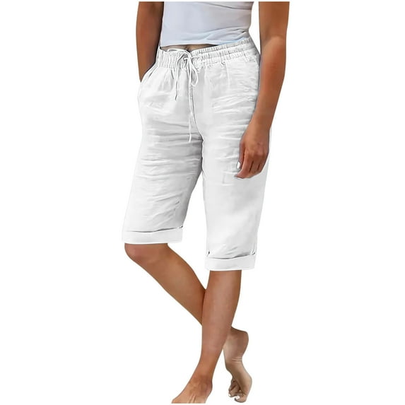 Iugvhana Linen Shorts for Women Knee Length Bermuda Shorts Stretch Elastic Waist Drawstring Solid Color Casual Button Decor Lounge Shorts with Pockets Ivory XXL