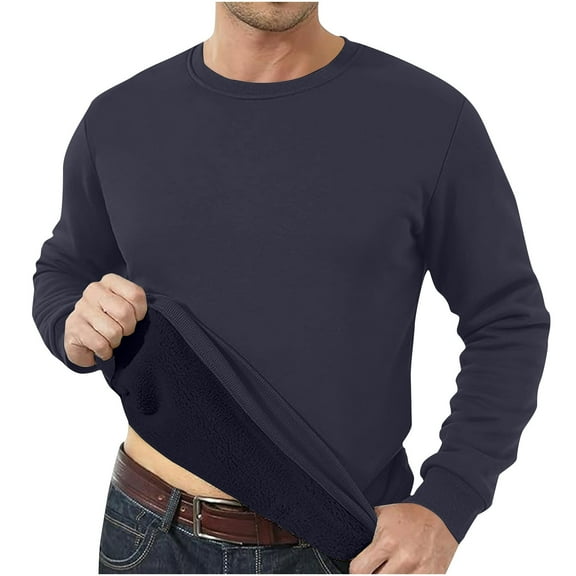 Iugvhana Long Sleeve Round Neck Sweatshirts for Men Fleece Lined Warm Tops Regular Fit Solid Casual Pullover Sweatshirt Navy S