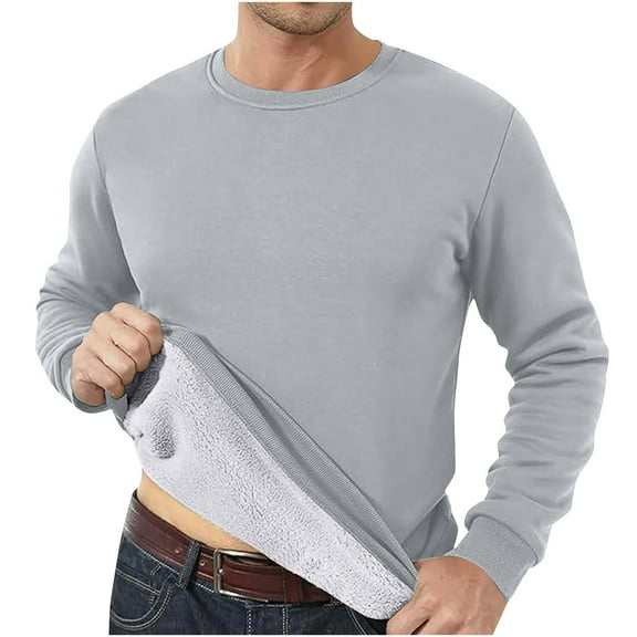 Iugvhana Long Sleeve Round Neck Sweatshirts for Men Fleece Lined Warm Tops Regular Fit Solid Casual Pullover Sweatshirt Silver XXXXXL