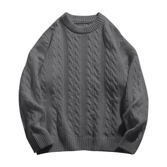 Iugvhana Men Cable Knit Vintage Sweater Loose Casual Solid Texture Knitted Sweater Unisex Woven Crewneck Knitting Top Dark Gray XXL
