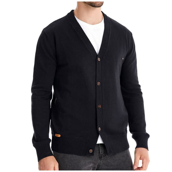 Iugvhana Men Cardigan Sweater Button Down V-Neck Casual Knitted Cardigan Sweaters Trendy Slim Fit Cotton Jacket Coat Long Sleeve Jackets Black S