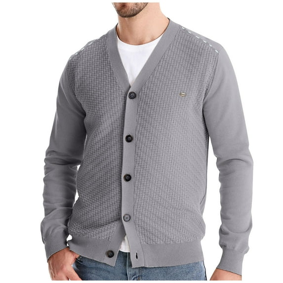Iugvhana Men Cardigan Sweater Button Down V-Neck Casual Knitted Cardigan Sweaters Trendy Slim Fit Cotton Jacket Coat Long Sleeve Jackets Gray L