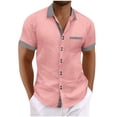 thumbnail image 1 of Iugvhana Men Cotton Linen Double Button Shirt Striped Short Sleeve Business Slim Fit Dress Shirts Casual Summer Shirt Pink XXL, 1 of 8
