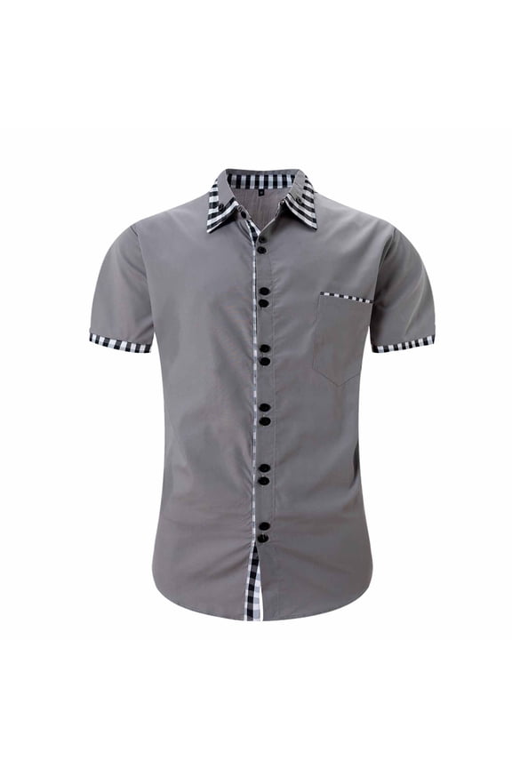 Men Double Button Shirt Plaid Short Sleeve Slim Fit Shirts Turn-down Collar Casual Summer Shirt with Pocket Gray M